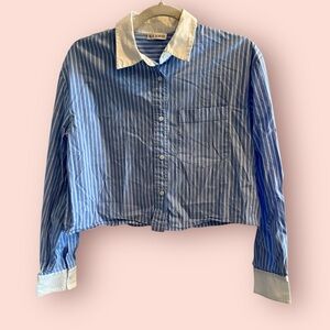 Rue Sophie Cropped Pinstripe Button Down Shirt